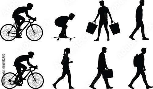 Urban mobility silhouette icon set with walking, biking, skateboarding, and carrying styles for lifestyle and transportation themes.