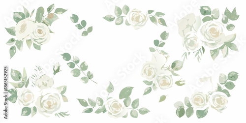 Watercolor floral arrangement of white roses and delicate green foliage