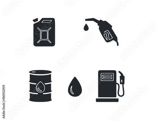 A collection of black gas station and electric car pump icons designed as vector symbols for web, phone, and computer technology applications