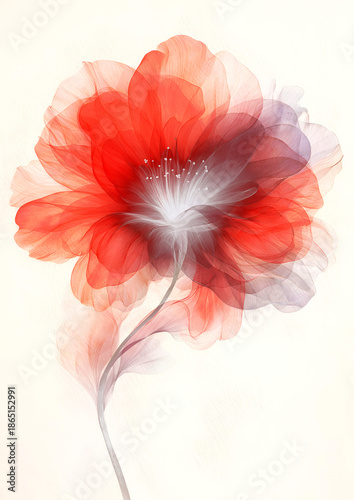 An abstract red floral background features a beautiful bouquet of pink blossoms and spring daisies with delicate petals in a macro garden design