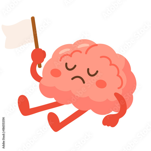 Cartoon Illustration of Brain Character Holding White Flag