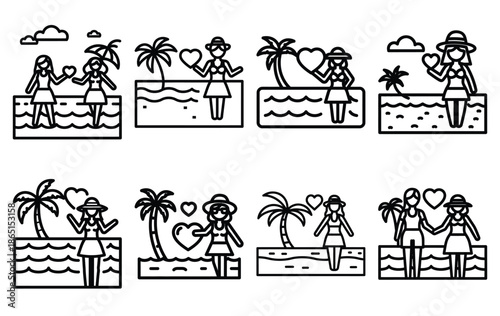 romantic beach date line icon set. Simple outline collection for valentines day. Editable stroke vector illustration black outline shape on transparent background.