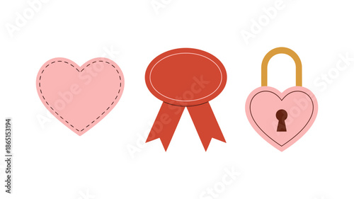 Love symbol icon set with pink heart patch award rosette seal blank oval badge and padlock heart for anniversaries gifts
