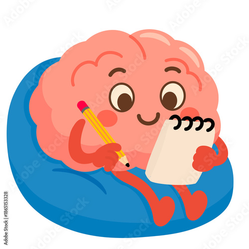 Cartoon Illustration of a Brain Character Brainstorming and Writing on a Notebook Sitting on Beanbag