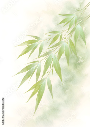 Green bamboo leaves on a green background form a serene forest nature illustration with tropical branches and an artistic Japanese pattern design