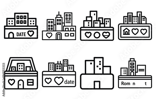 romantic city date line icon set. Simple outline collection for valentines day. Editable stroke vector illustration black outline shape on transparent background.