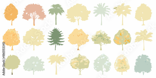 A colorful collection of various tree silhouettes and foliage designs