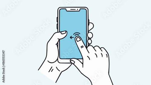 Hand holding smartphone and using touch screen with zoom gesture.