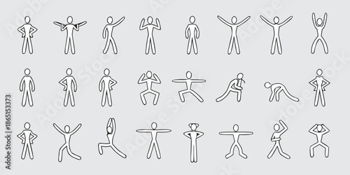 A collection of simplistic gray stick figure illustrations in various poses