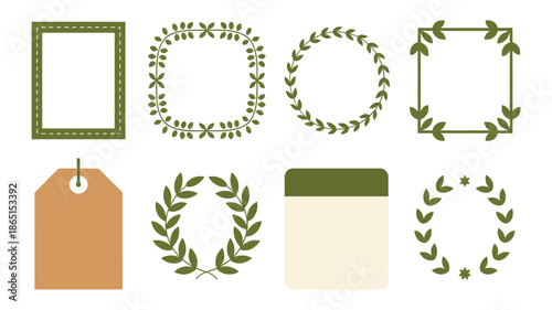 Elegant laurel wreath frames vector set with circle borders, square leaves, gift tags for wedding invitation, anniversary certificate, award design