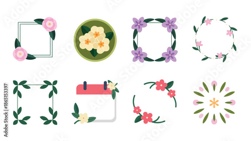 Garden party vector elements with floral frames, purple blossoms, round wreath, planner calendar label, decorative borders for wedding invitation
