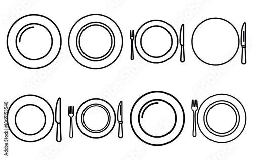 romantic dinner plate line icon set. Simple outline collection for valentines day. Editable stroke vector illustration black outline shape on transparent background.