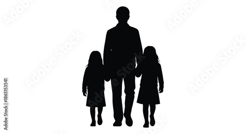 A striking black silhouette depicts a father standing with two young daughters showcasing a family bond silhouette