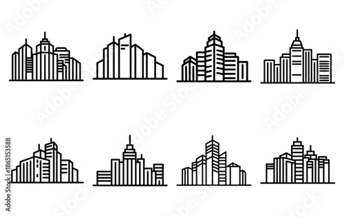 romantic evening skyline line icon set. Simple outline collection for valentines day. Editable stroke vector illustration black outline shape on transparent background.