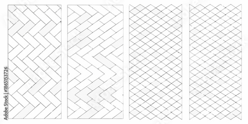 Four vertical panels displaying varied herringbone tiling patterns in monochrome