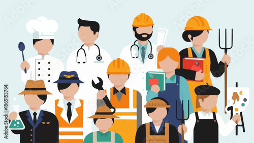 Diverse group of professionals in various occupations and uniforms.