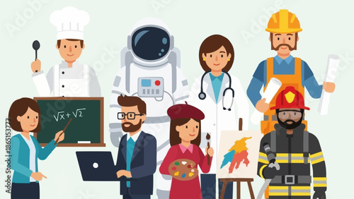 Diverse group of professionals in various occupations and uniforms.