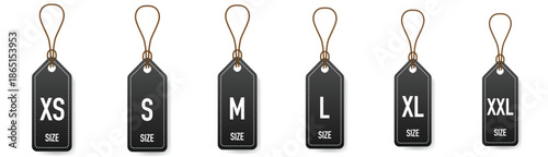 Clothing size label icon set representing apparel sizing and fashion tags in clean vector style.