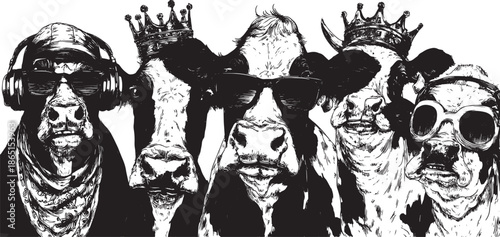Cow illustration featuring animals wearing headphones, sunglasses, and crowns. A comical and bold vector set showcasing unique character designs.