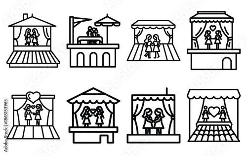 romantic rooftop date line icon set. Simple outline collection for valentines day. Editable stroke vector illustration black outline shape on transparent background.