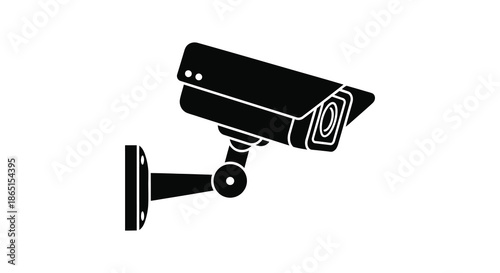 A stark black security camera icon is presented against a white background a modern surveillance silhouette