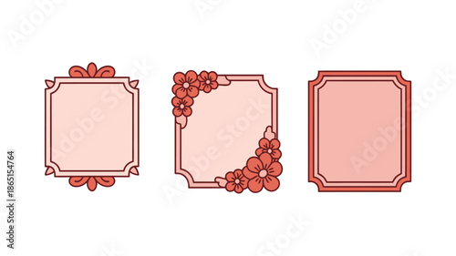 Floral frame collection, pink blossom corners, square labels, bridal shower invitation, mothers day card design, spring wedding border elements vector