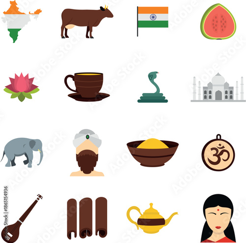 India travel icons set in flat style