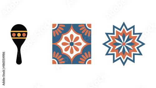 Mexican fiesta emblem set, colorful maraca icon, decorative tile motif, starburst rosette badge, Cinco de Mayo party celebration vector