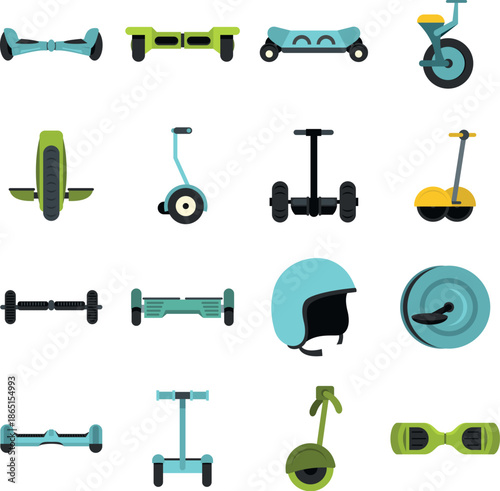 Balancing scooter icons set in flat style