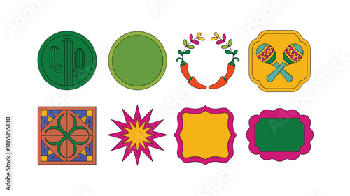 Mexican celebration decorative icons, cactus circle badge, wreath frame, maracas, tile pattern, starburst, ornate labels for Cinco de Mayo