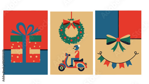 Christmas delivery cards set with gift and scooter