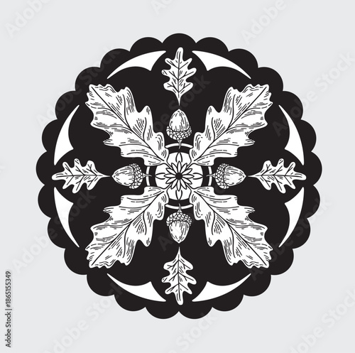 Amish hex symbol design from Lancaster PA, vector symmetrical barn art icon, Pennsylvania Dutch folk art of  symbolic circular designs painted on barns with oak leaves, acorns and scalloped edges 