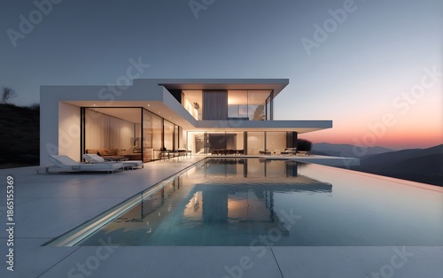 Ultra-Modern Minimalist House Featuring Sharp Architectural Lines and Floor-to-Ceiling Glass,  swimming pool at sunset