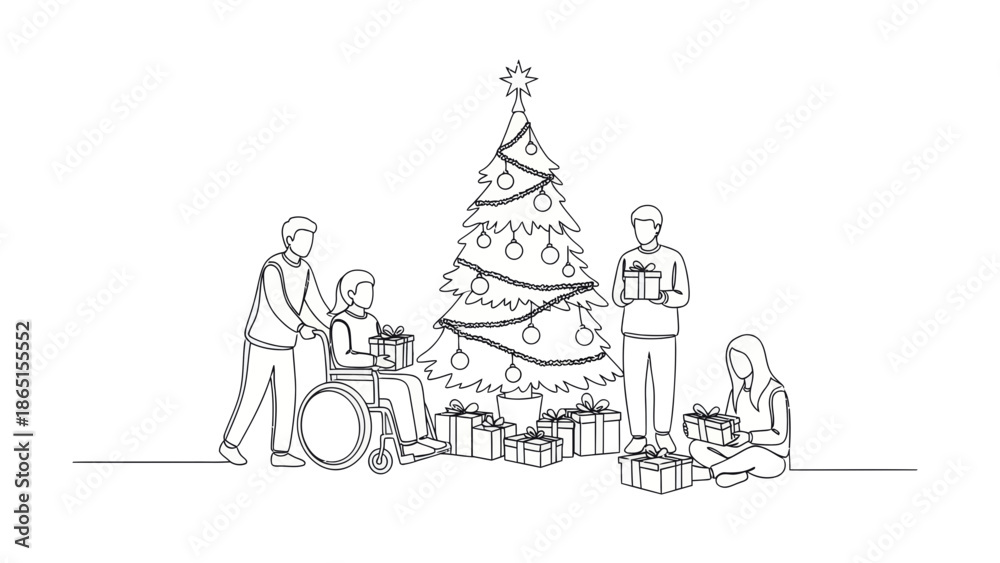 Fototapeta premium Christmas tree with family one line drawing