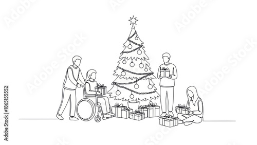 Christmas tree with family one line drawing