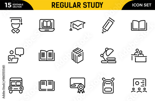 Regular Study line icon set. Student vector line icon set. Featuring graduation, degree, e-learning, book, knowledge, education and more. Thin outline icons pack. Vector illustration