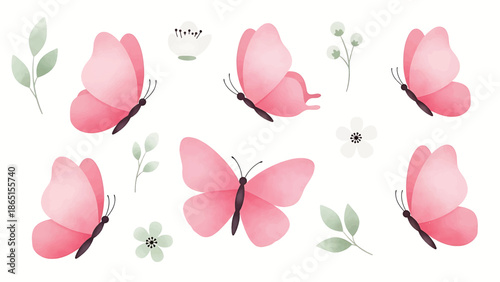 Watercolor illustration featuring vibrant pink butterflies, delicate flowers, and soft green foliage on a clean white background