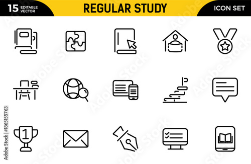 Regular Study line icon set. Student vector line icon set. Featuring graduation, degree, e-learning, book, knowledge, education and more. Thin outline icons pack. Vector illustration