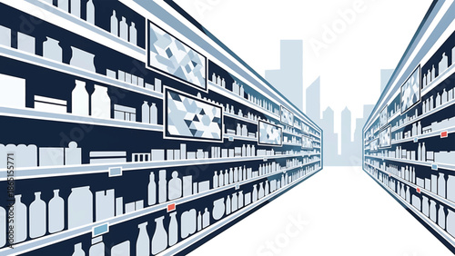 Perspective illustration of a store aisle, with product shelves on both sides and cityscape in the background. Geometric graphics on walls