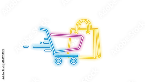 Neon graphic illustrating online shopping with a cart in motion and a shopping bag, outlined in vivid, luminous hues. The scene is set on a pure white background