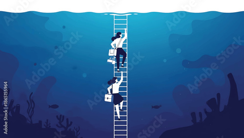 Two figures, one above the other, climb a ladder extending from underwater towards the surface. The scene is set in an ocean environment