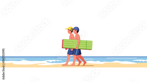 Two figures, wearing hats and shorts, stroll along a beach carrying a rolled-up mat. The ocean and sky form a simple background