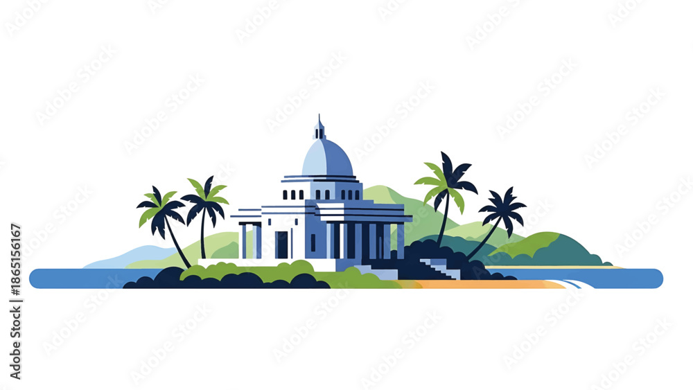 Obraz premium Stylized illustration depicts a building with a domed roof and pillars on an island with palm trees, hills, and a beach. The image is a vector-style graphic