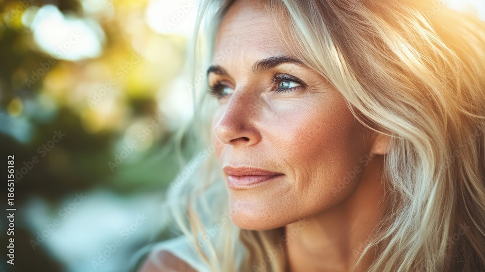 Naklejka premium Pensive Woman Gazing into the Distance - Serene Portrait of a Mature Woman Contemplating Nature and the Future.