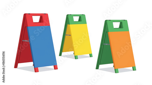 Three colorful, A-frame signs stand side-by-side, each with a different color scheme. The signs have handles and are on a white background