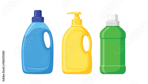 Three colorful containers of cleaning liquids on a white background. One blue bottle, one yellow bottle, and one green bottle. All have white space and stylized designs