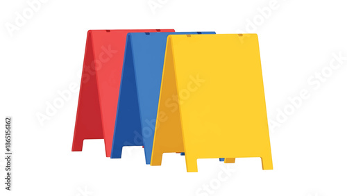 Three colorful sandwich board signs, red, blue, and yellow, are positioned in a row against a plain white background. They appear to be made of plastic