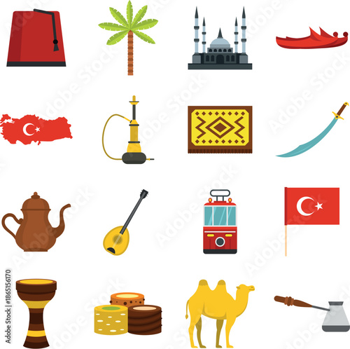 Turkey travel icons set in flat style
