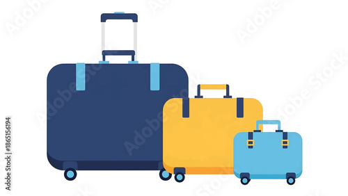 Three colorful, textured suitcases are shown side by side. The biggest is dark blue with a pull-up handle, the middle is yellow, and the smallest is light blue