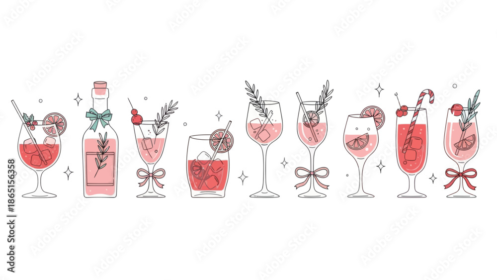 Fototapeta premium Festive Christmas cocktails illustration set